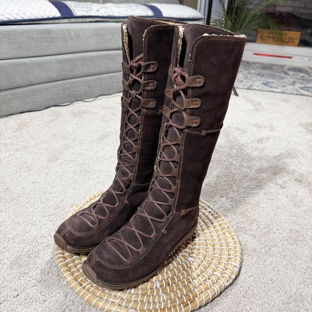 Timberland Y2K Moorland Hollace Tall Brown Suede Lace-Up Boots Sherpa Lined 7.5M